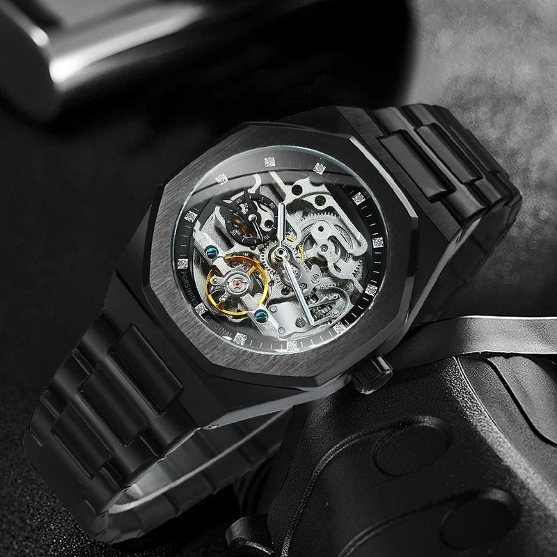 Men's Automatic Mechanical Watch with Luminous Hands and Stainless Steel Strap
