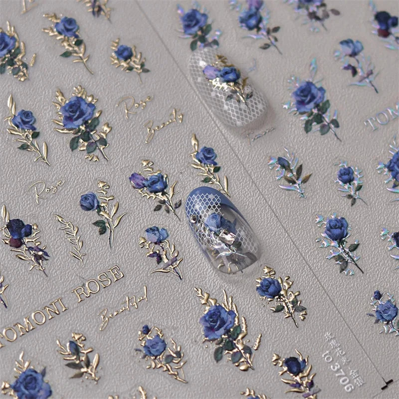 Japanese Vintage Rose Nail Stickers - Gold & Silver Laser Decals for Manicure