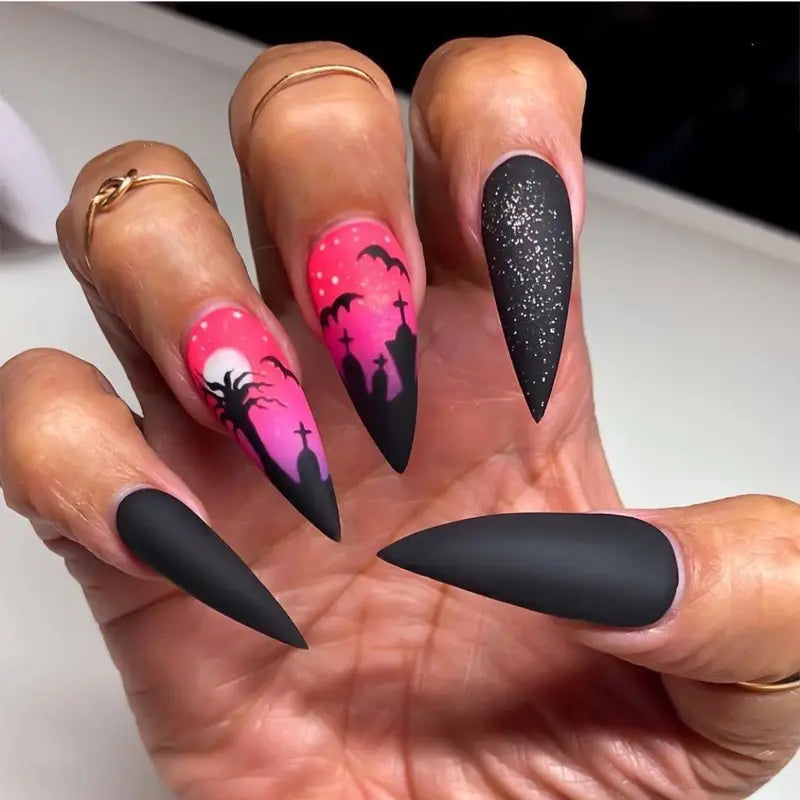 Halloween Fake Nail Tips 24-Piece Ghost & Pumpkin Spooky Design Press On Nails