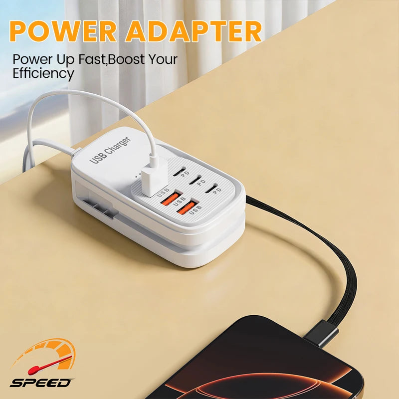6-in-1 USB Charging Station Power Strip with EU/UK/US Plugs — Fast Charging Hub