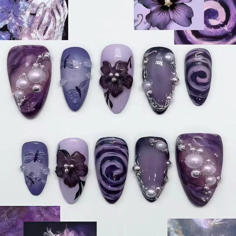24-Piece Gothic Press-On Nail Set - Purple Flower Swirl Fake Nails for Women