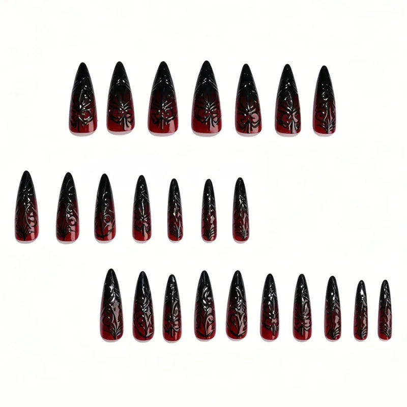 Halloween Long Pointed Fake Nails with Blood-Red Spider Web Design - 24Pcs