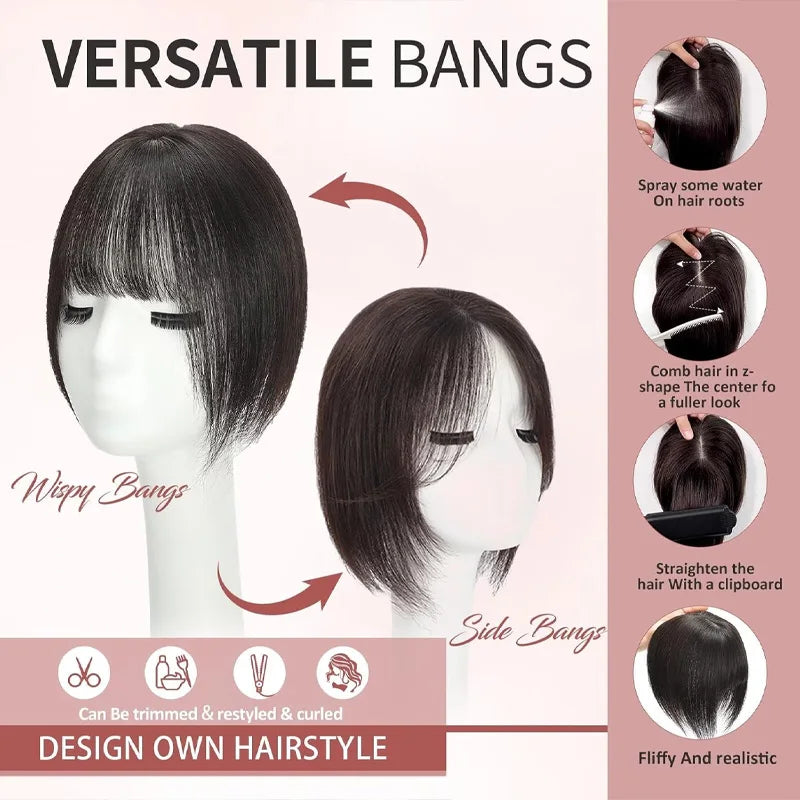 Remy Human Hair Toppers with Bangs for Women - Clip-In Hair Pieces, Black & Brown
