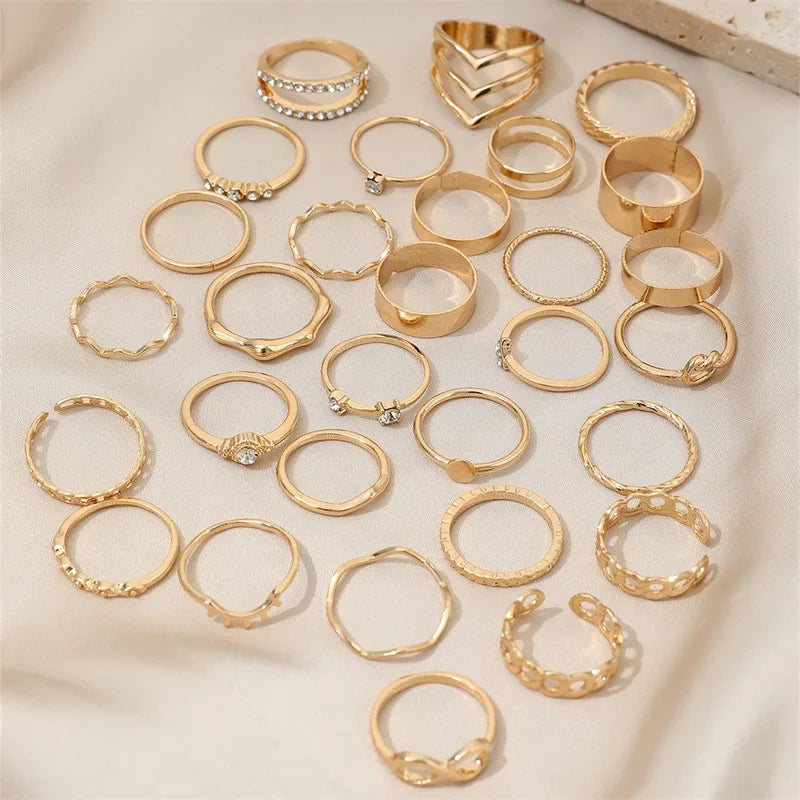 Luxury Gold Geometric Zircon Pearl Ring Set for Women - Multi-piece Jewelry Collection