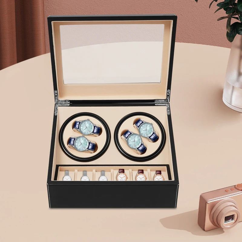 Automatic Watch Winder Display Box with PU Leather Finish - Holds 10 Watches, Black or Brown