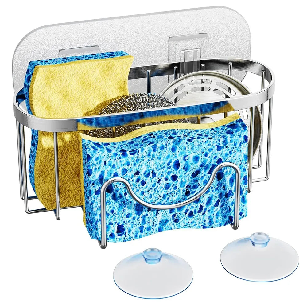 Stainless Steel Sink Sponge Holder with Suction Cups & Hook - Fast Drainage Kitchen Organizer