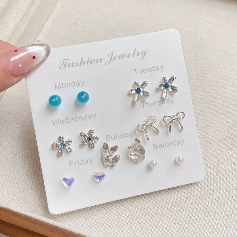 Sea Blue Bean Geometric Ear Stud Set Small Flower Butterfly Jewelry Pack