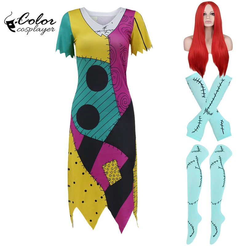 Halloween Sally Costume Dress Set for Women with Wig and Socks - Cosplay & Party Outfit