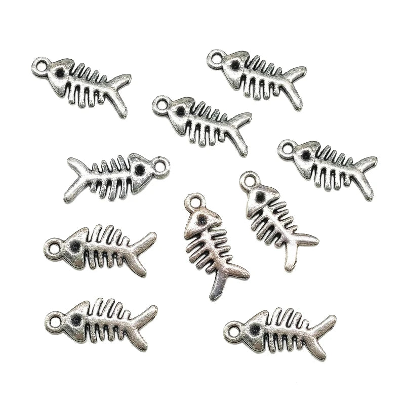 10Pcs Silver Fish Bone Pendant Charms for Jewelry Making DIY Accessories
