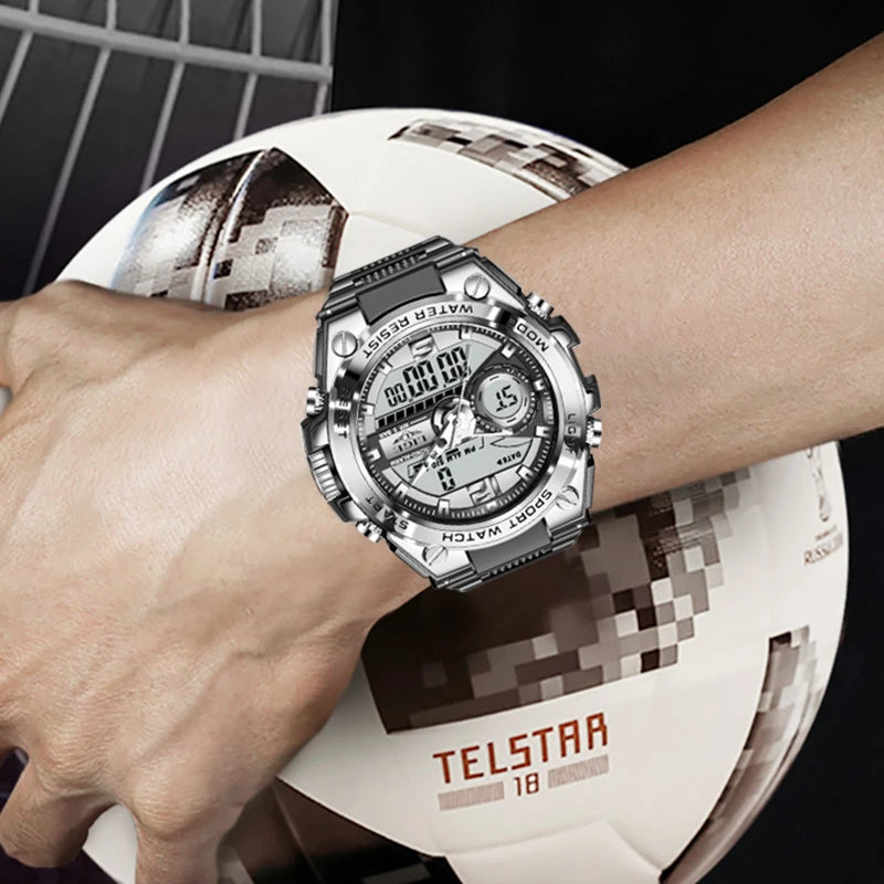 Men's Sport Watch 50M Waterproof Dual Display LED Chronograph Quartz Wristwatch Gift Set