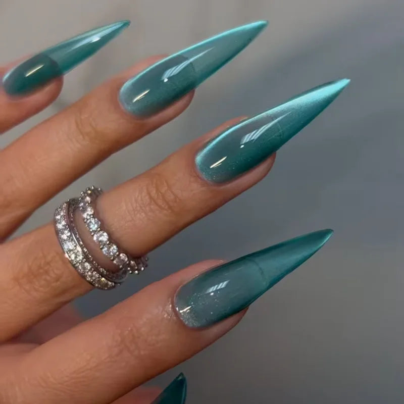 24Pcs Solid Color False Nail Set with Cats Eye Design, Long Stiletto Press-On Tips