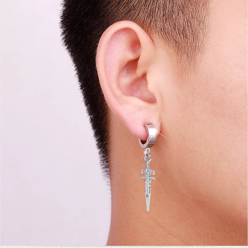 2PCS Stainless Steel Drop Hoop Earrings with Dragon Coil Sword Pendant - Punk Hip Hop Style for Men Women Daily Wear