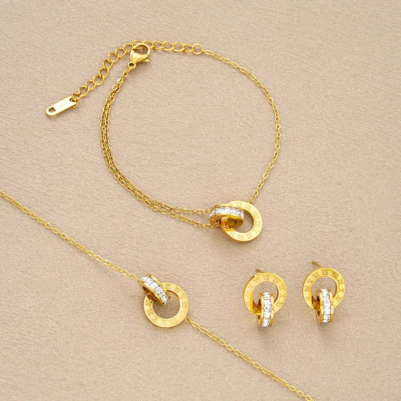 Gold Color Stainless Steel Jewelry Set with Necklace Bracelet Earrings for Women - Interlocking Circles & Roman Numerals - 4 Pieces
