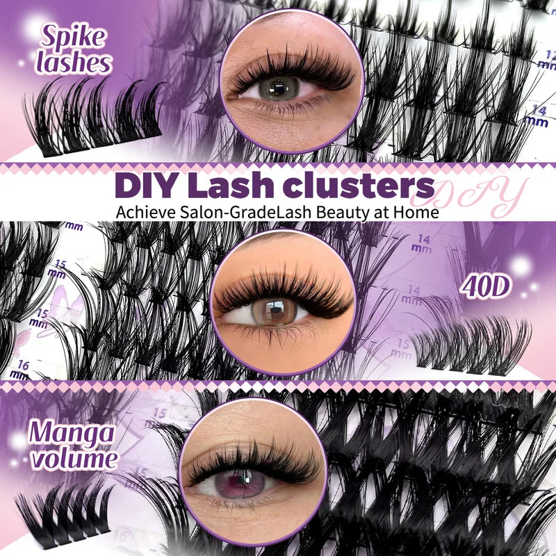300Pcs Lash Clusters Kit with 3 Styles, Wispy Fairy Lashes, C Curl, 10-18mm, Bond & Seal - Black & Sky Blue