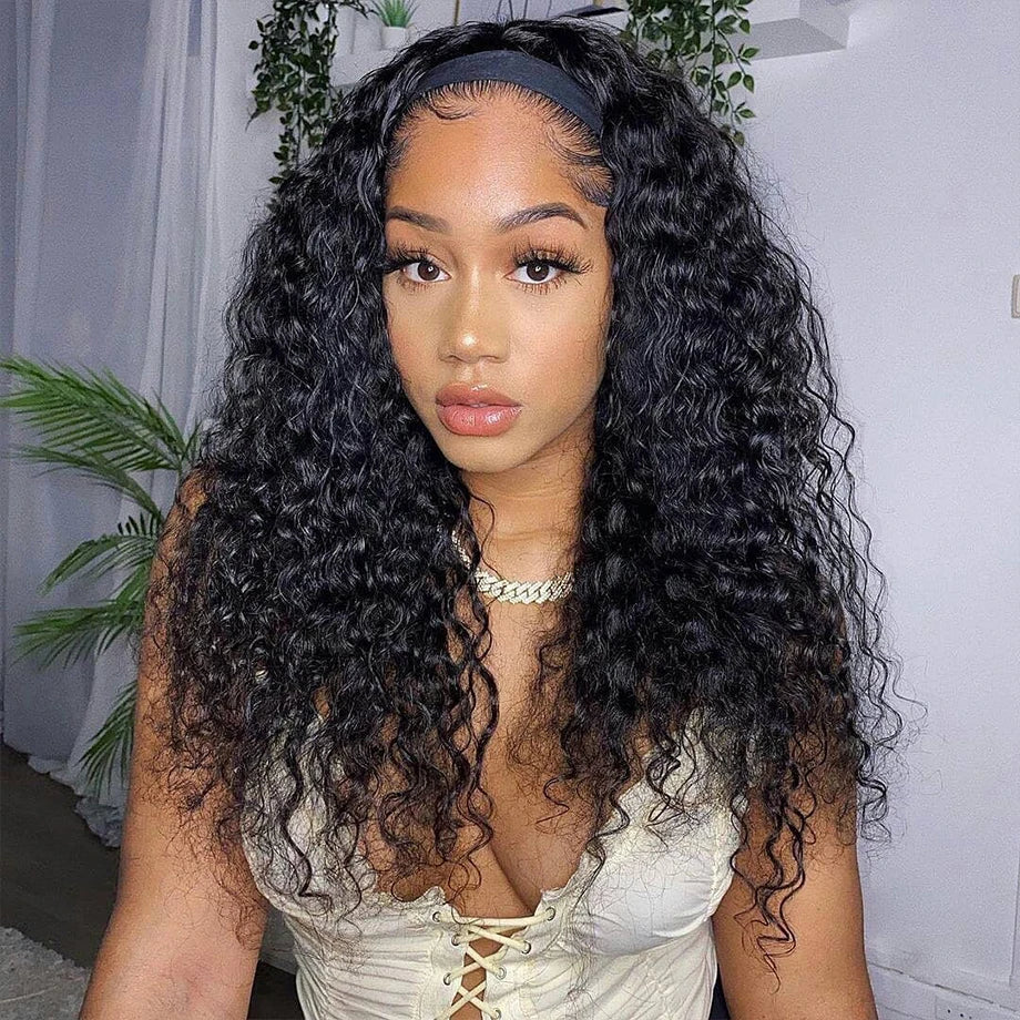 Headband Wig Human Hair Kinky Curly Full Machine Made 180% Density - No Glue
