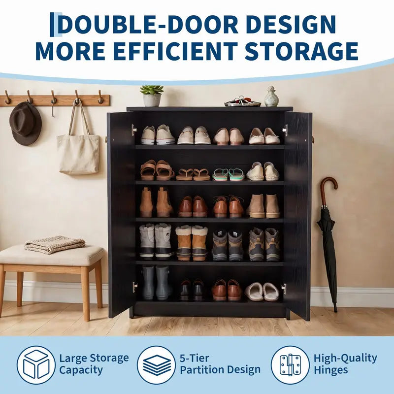 Slim 5-Tier Entryway Shoe Cabinet with Double Doors - Space Saving Storage