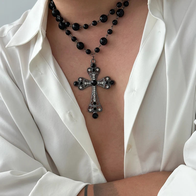 Elegant Imitation Pearl Choker Necklace with Cross Pendant for Men Women - Goth Party Jewelry