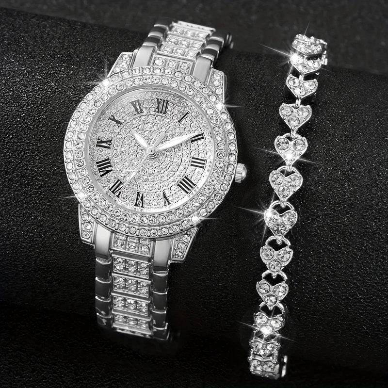 Women's Luxury Rhinestone Stainless Steel Quartz Watch and Heart Bracelet Set