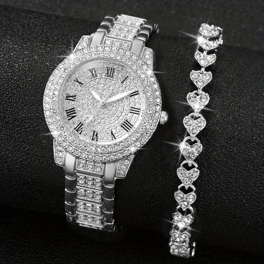 Women's Luxury Rhinestone Stainless Steel Quartz Watch and Heart Bracelet Set