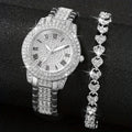 Women's Luxury Rhinestone Stainless Steel Quartz Watch and Heart Bracelet Set