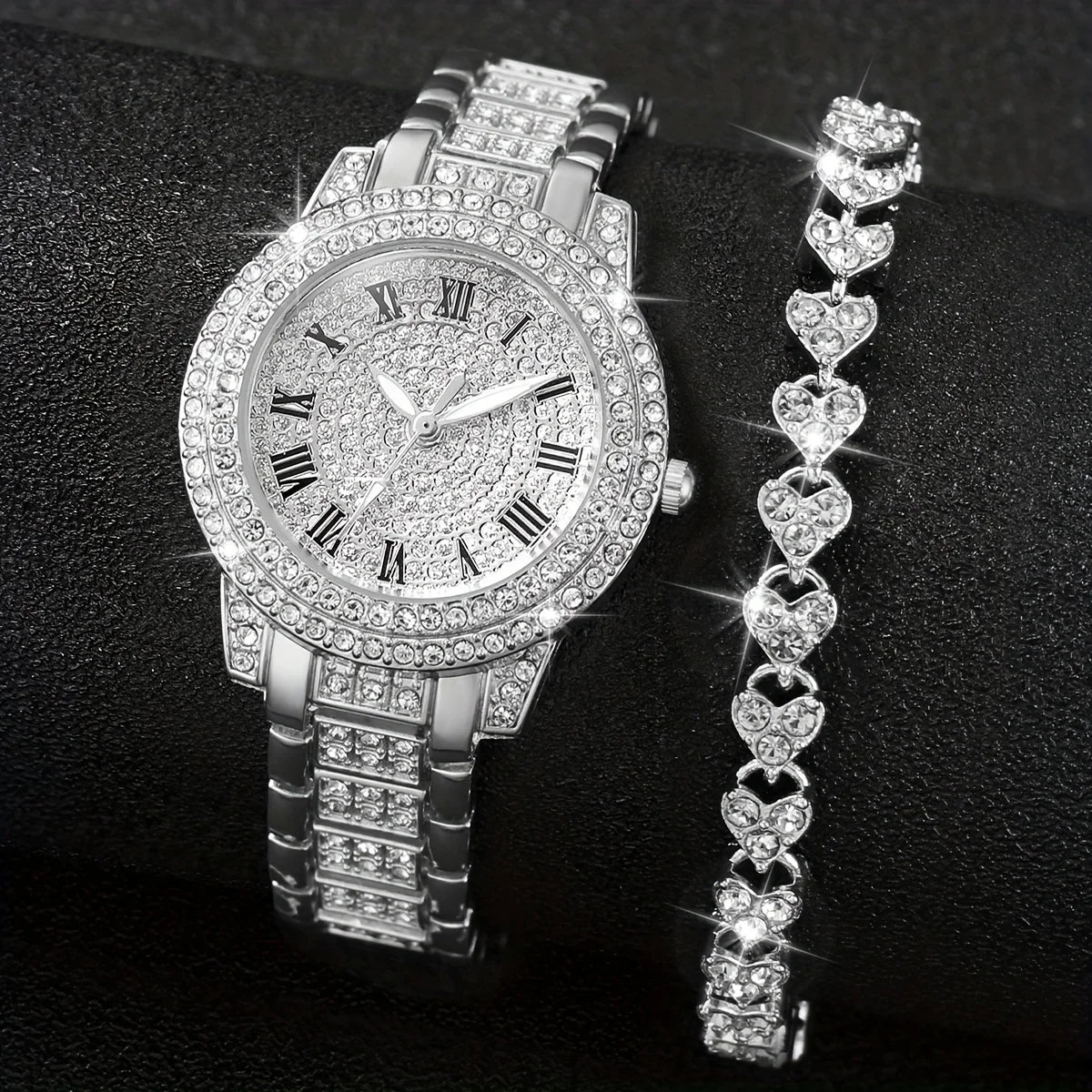 Women's Luxury Rhinestone Stainless Steel Quartz Watch and Heart Bracelet Set
