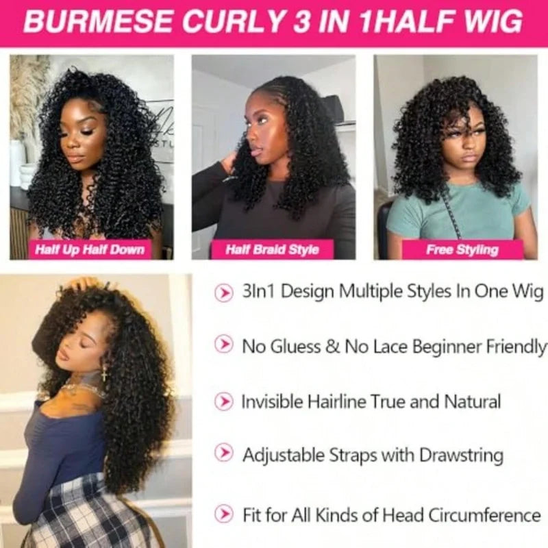 Human Hair Half Wig 3-in-1 Glueless Clip-In Flip Over Style - Natural Color