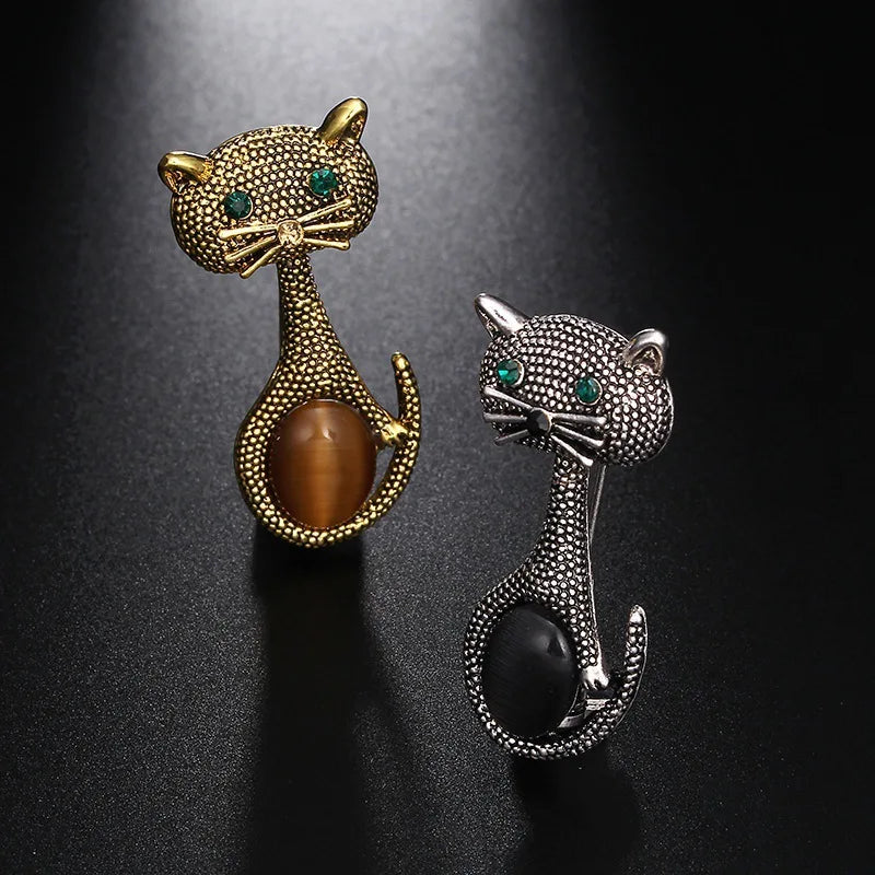 Vintage Green Eyes Cat Brooch Jewelry Animal Pin