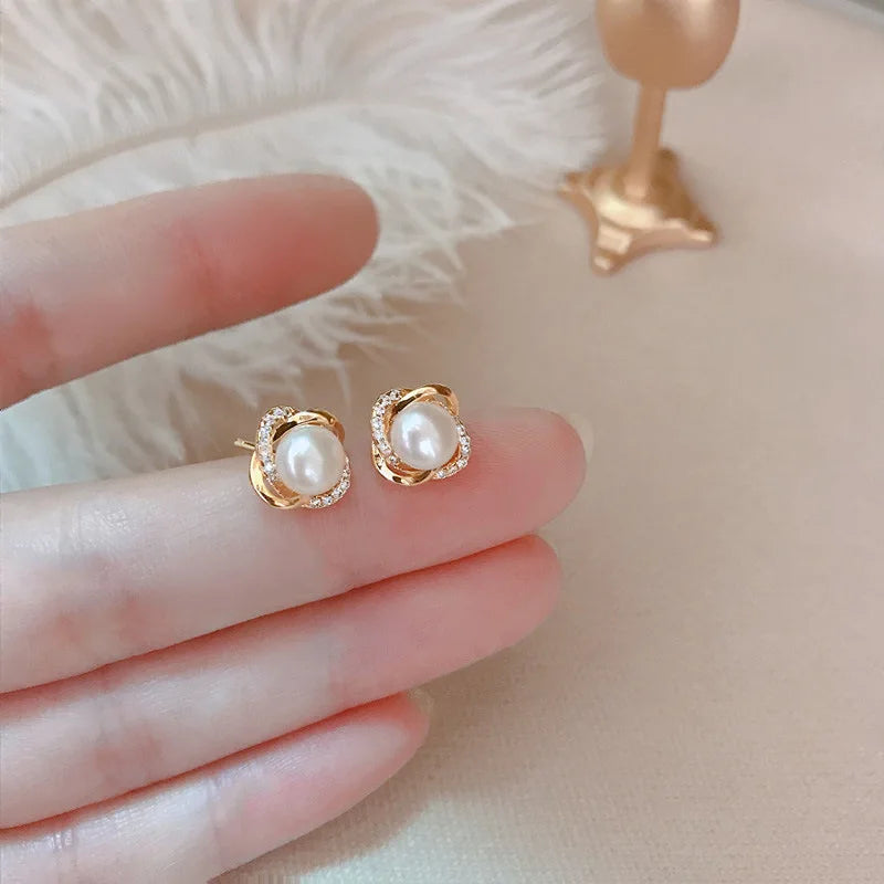 Luxury 14k Gold Earrings with Zircon and Pearl Twist Studs for Women
