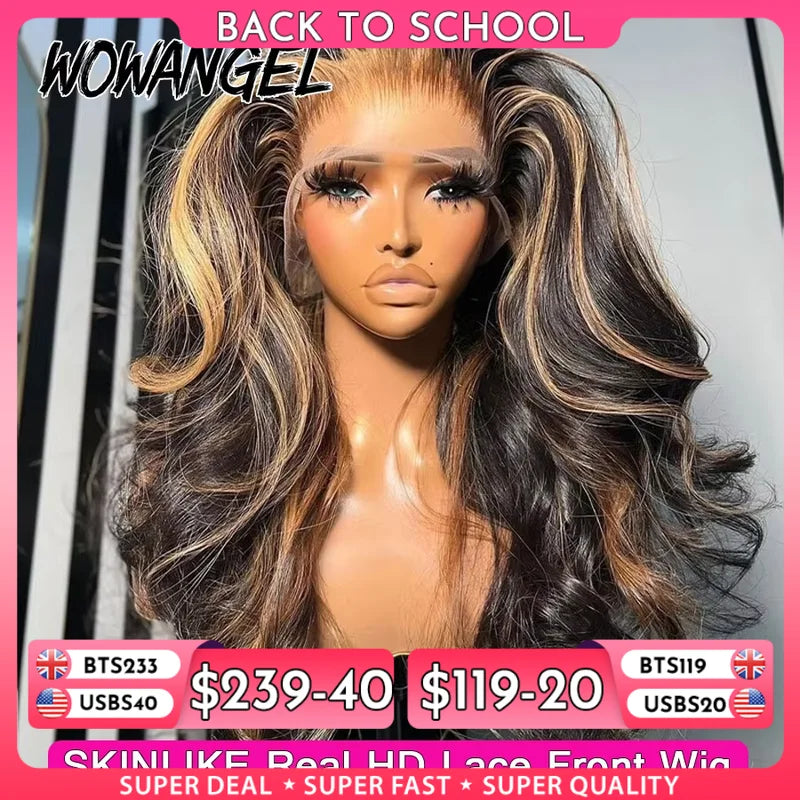 Highlight Colored Wig 34 Inch Body Wave Human Hair Lace Frontal Wig - Melt Skin HD Lace
