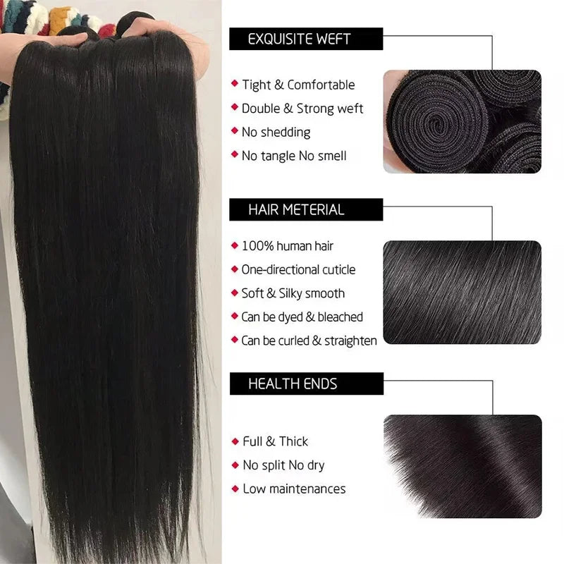 Human Hair Extensions Bundles - Brazilian Natural Black 10A Raw Hair Weave 20-40 Inch