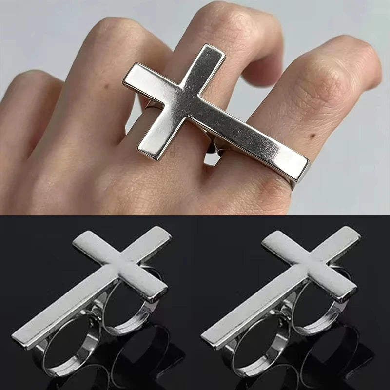 Two Finger Cross Ring for Women Men Punk Gothic Jewelry Trendy Vintage Open Ring