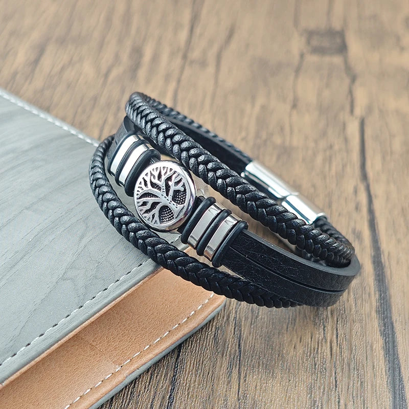Men's Leather Bracelet with Stainless Steel Charm - Irregular Punk Accessories