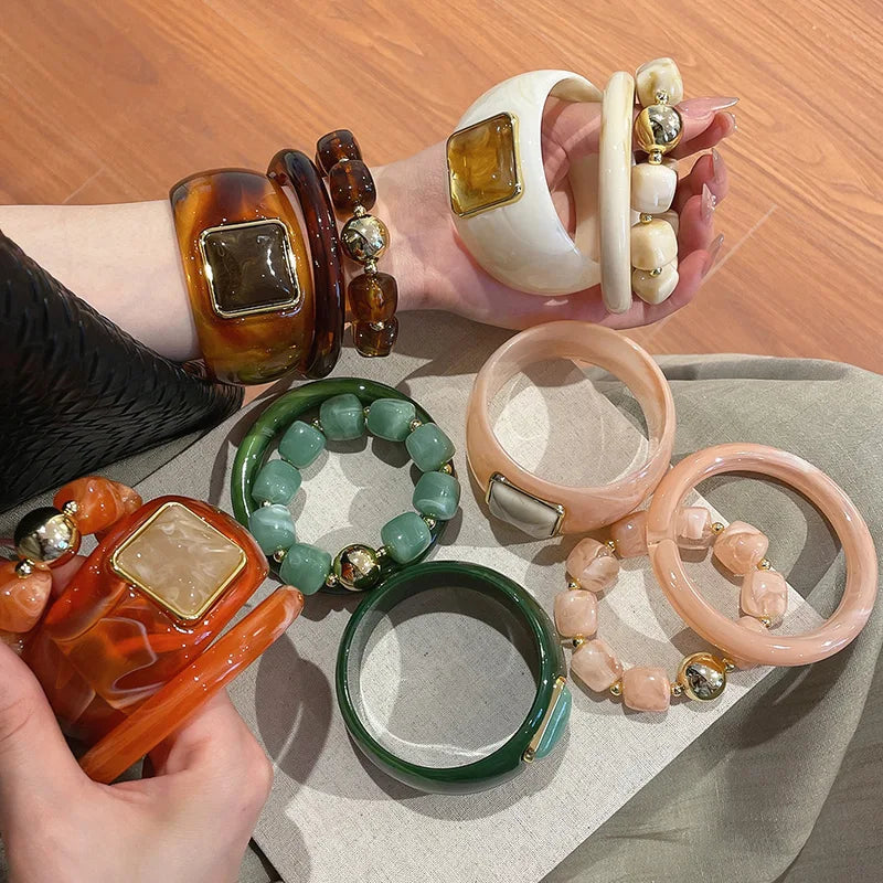 Vintage Resin Wide Bangles Set for Women Men Boho Chunky Wrist Jewelry
