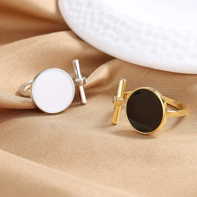 Geometric Open Ring for Women - Adjustable Silver & Black/White Epoxy Jewelry