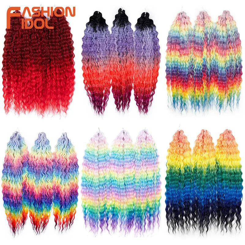 Water Wave Hair Extensions 22 Inch Crochet Hair Synthetic Ombre Rainbow Color Set
