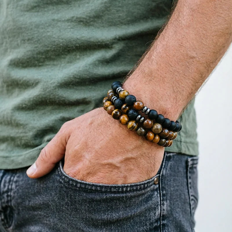 Men's Natural Tiger Eye Lava Rock Beaded Bracelet Set - Stress Relief Yoga Accessory