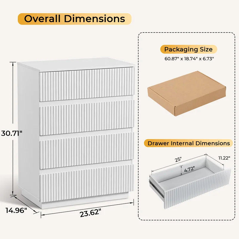 White Fluted 4-Drawer Chest of Drawers - Tall Storage Dresser for Bedroom & Living Room
