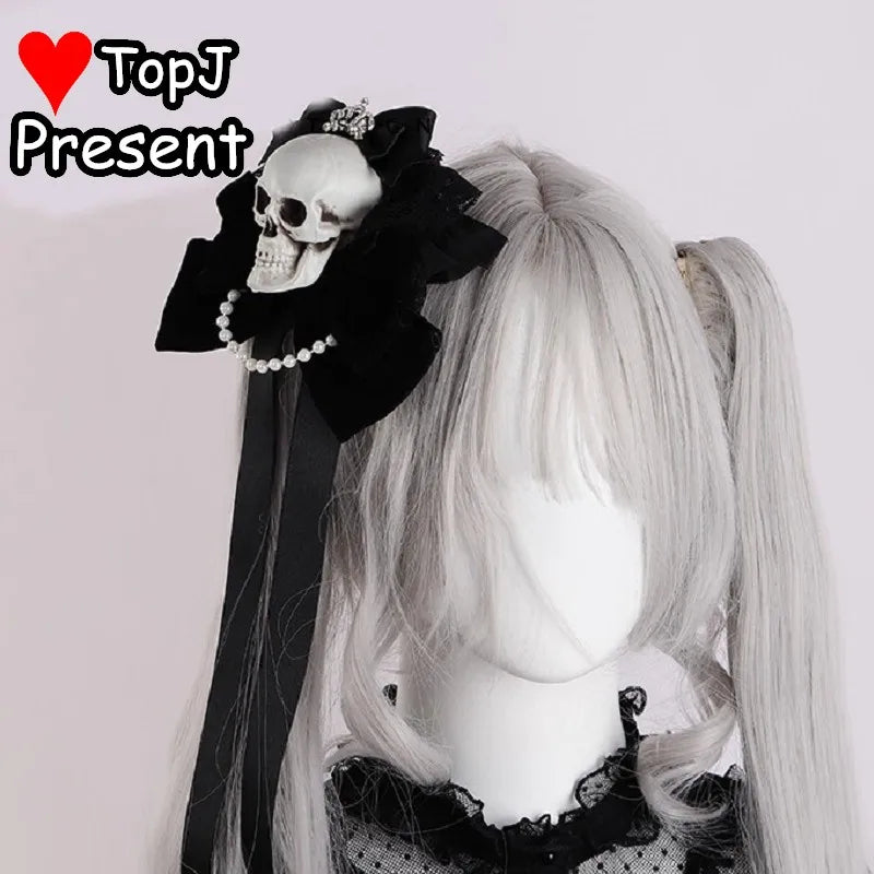 Gothic Lolita Punk Halloween Cosplay Hair Accessories Top Hat with Skull Bow Clips - Handmade