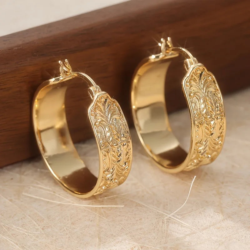 Vintage Gold Hoop Earrings for Women - Hand Carving Pattern Party Daily Wear