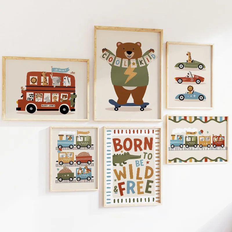 Nursery Wall Art Canvas Prints - Cartoon Animals for Kids Room Decor
