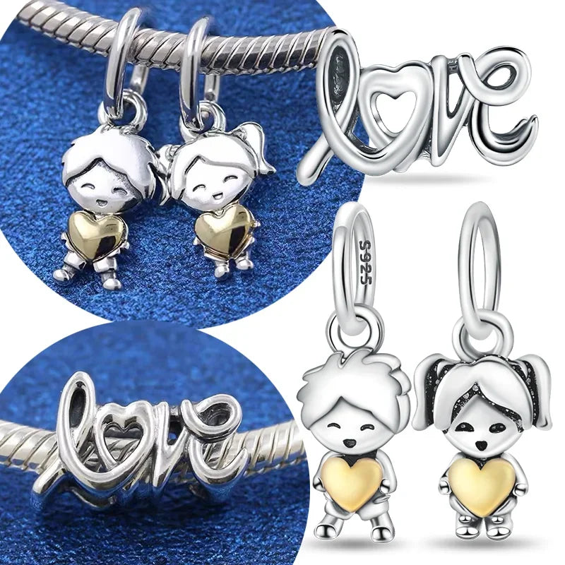 Couple Love Heart Charms Beads Set for DIY Bracelets - Silver Tone Jewelry Gift