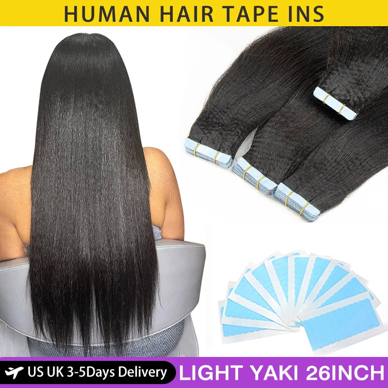 Light Yaki Tape-In Hair Extensions Human Remy Hair 12-26 Inch 20pcs