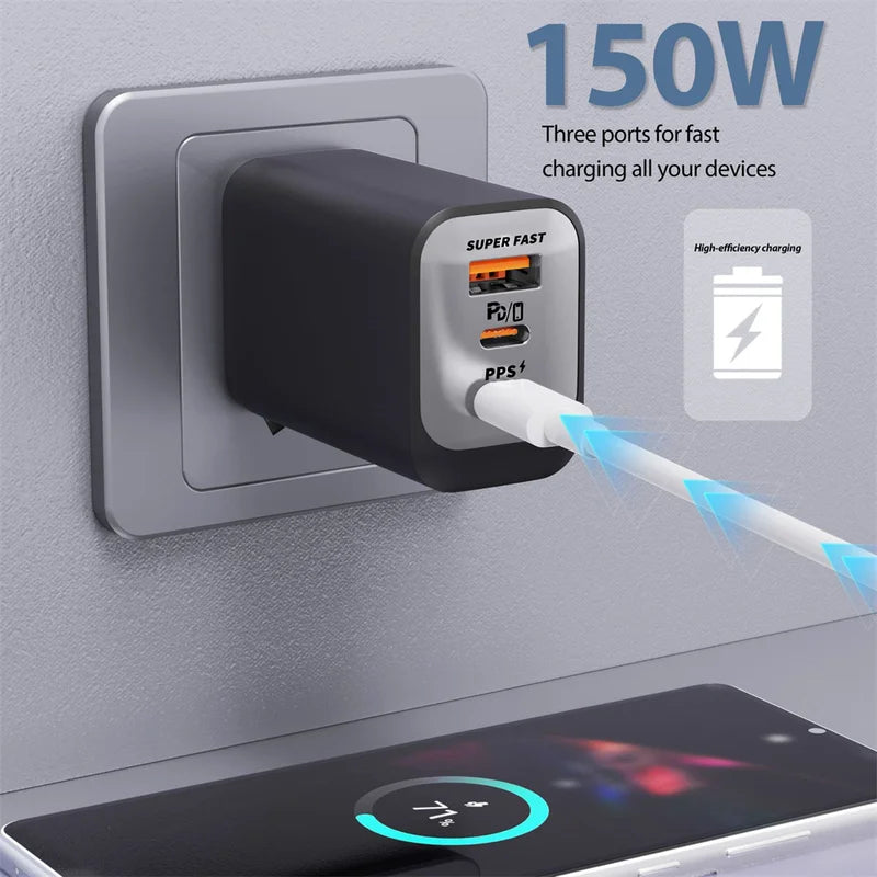 150W USB Type C Fast Charger with EU/UK/US/CH Plugs for Mobile Phones and Travel