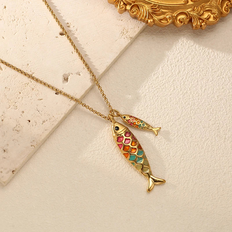 Colorful Fish Pendant Necklace - Stainless Steel Chain Jewelry Gift
