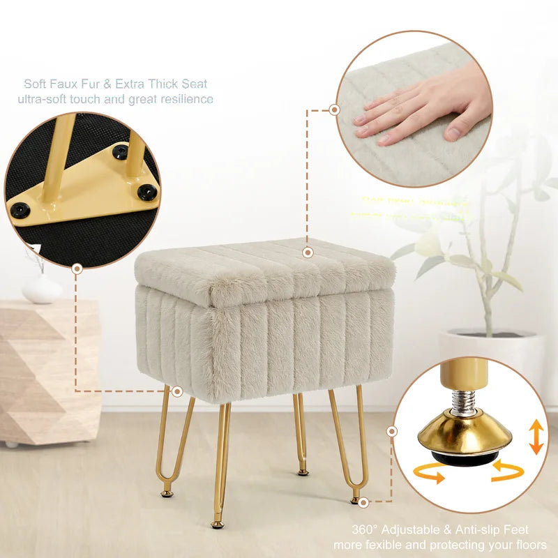 Faux Fur Vanity Stool with Hidden Storage and Adjustable Metal Legs