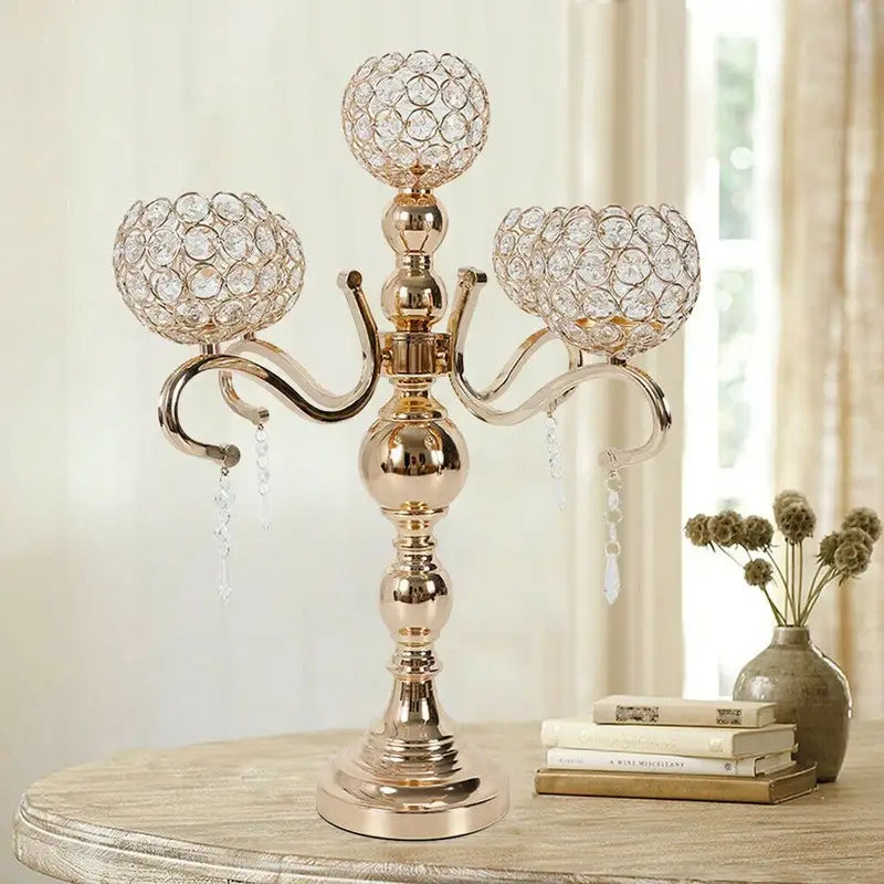 Gold Plated 5-Arm Crystal Candle Holder Tabletop Candelabra for Wedding & Home Decor