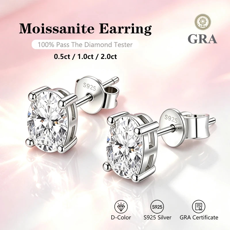Oval Cut Moissanite Earrings 0.5-2.0ct in Silver with GRA Certificate Wedding Jewelry