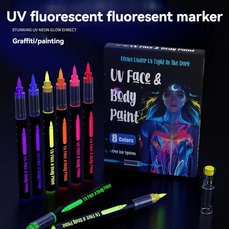 8-Color UV Fluorescent Body Paint Pens - Washable Glow Tattoo & Face Markers