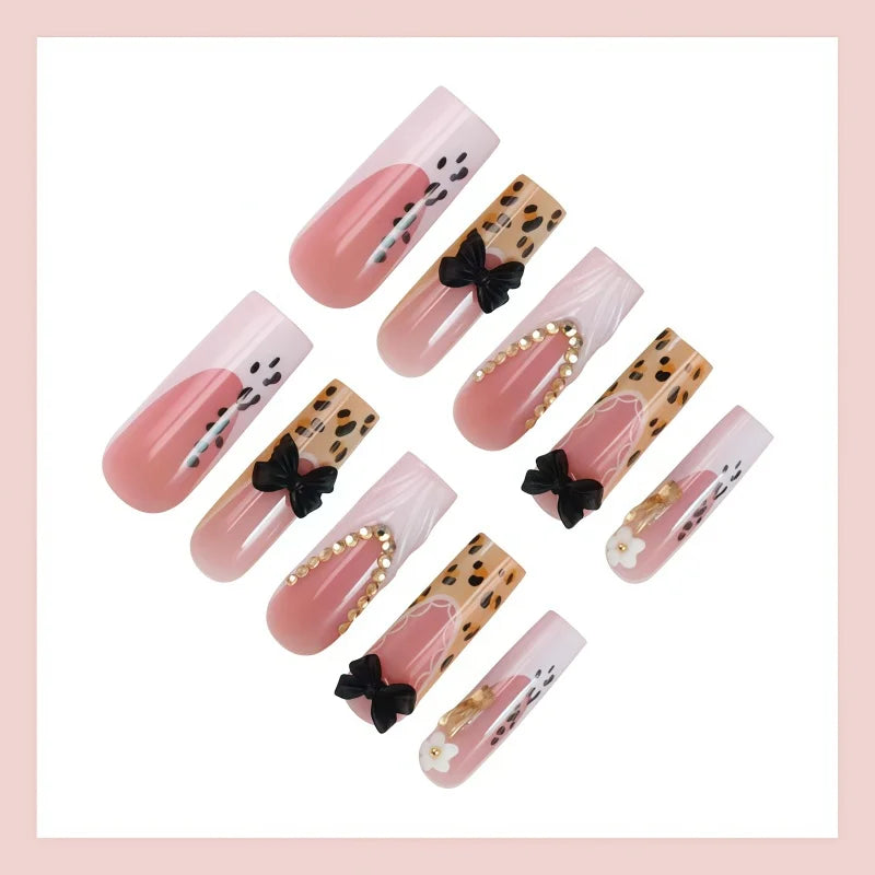 24PCS Long Fake Nails with Leopard Print and Bow Design for Nail Art - Tough Girl Style