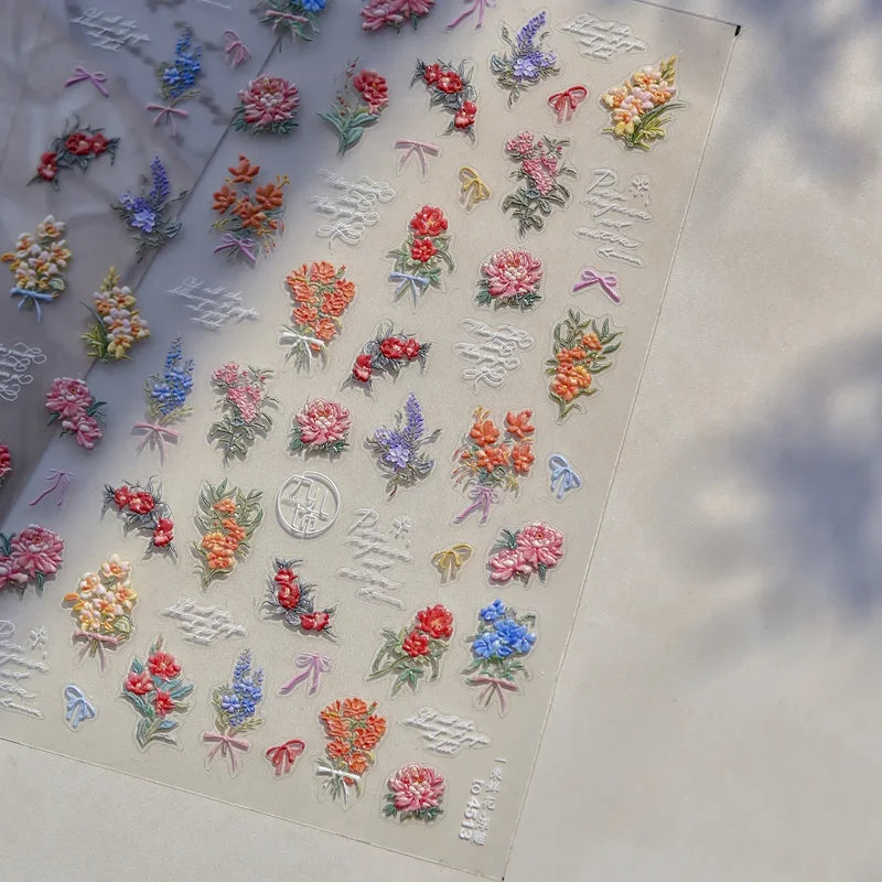 Self-Adhesive 5D Nail Art Stickers with Lace Bowknot Flowers and Pearls